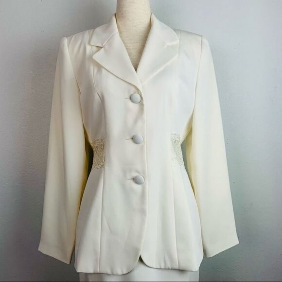 Vintage 80s Hugo Buscati Ivory Lace Trimmed Skirt Suit 2 Piece Set - Picture 3 of 16
